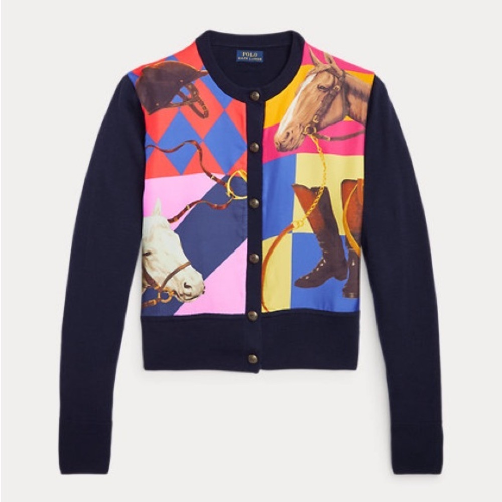 Polo Ralph Lauren Equestrian Silk Graphic Buttoned Wool Cardigan NWT Size Large - Picture 2 of 4